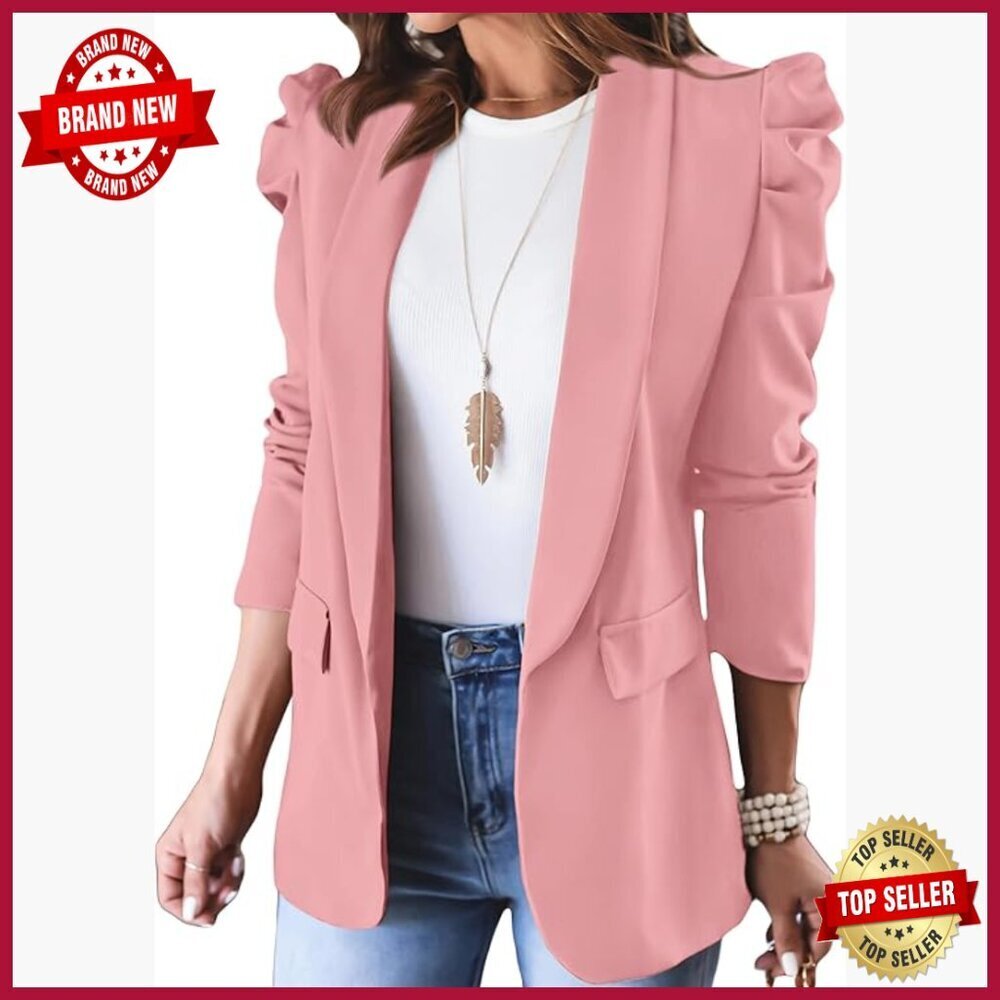 Puff Sleeve Blazer Open Front Lapel Slim Fit Work Office Casual